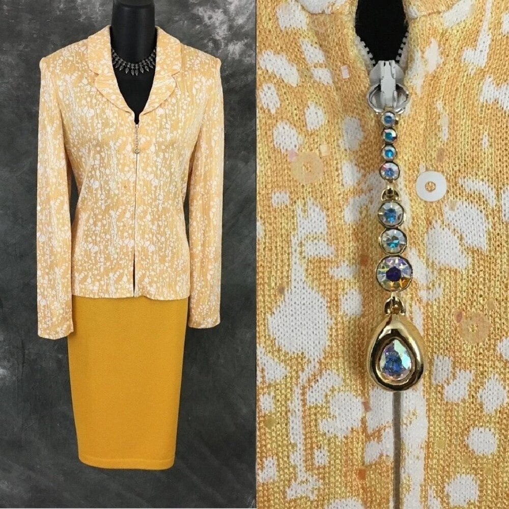 BEAUTIFUL St John evening knit yellow rhinestones embellished skirt suit 6 8